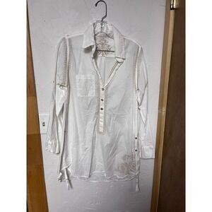 Subtle Luxury White Embroidered Cotton Tunic Shirt Top Long Sleeve Size S M
